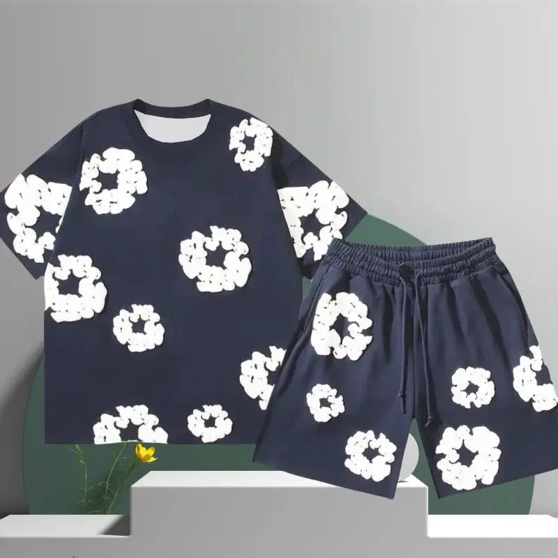 The 2025 summer new men's set is a casual American 3D printed flower pattern vacation outdoor casual fashion set made of polyest