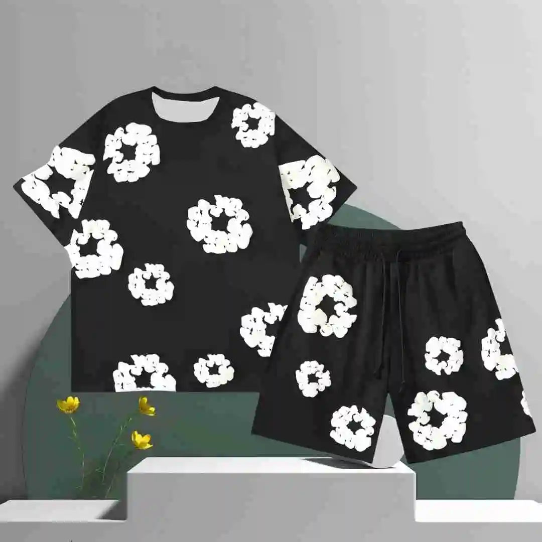 The 2025 summer new men's set is a casual American 3D printed flower pattern vacation outdoor casual fashion set made of polyest