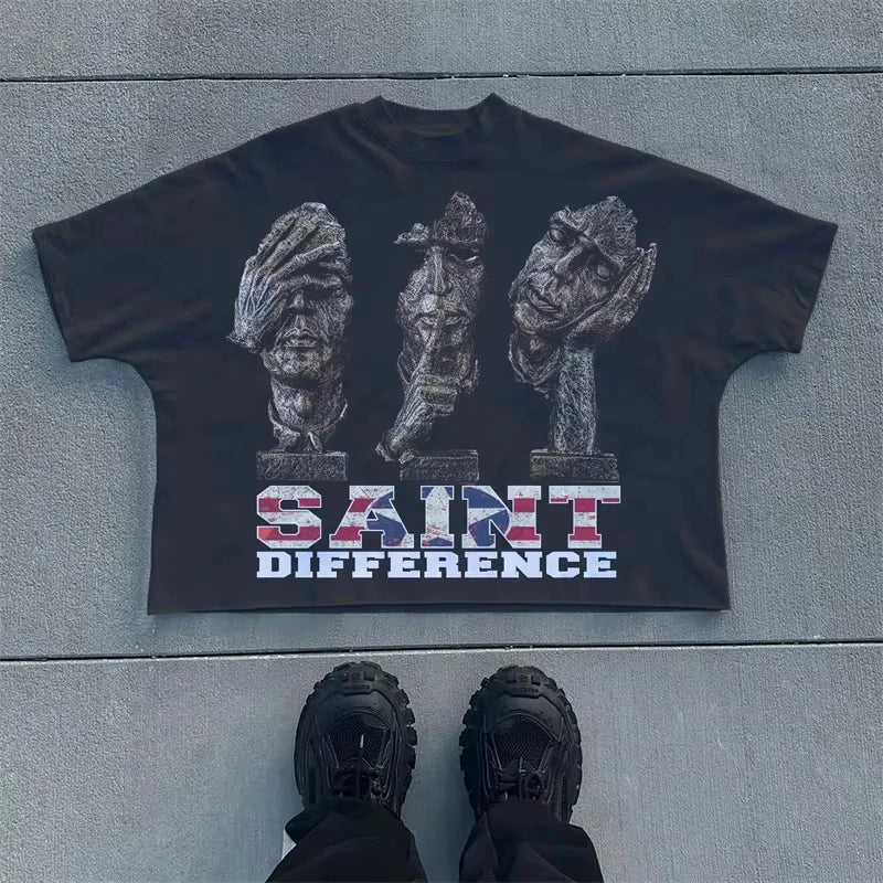2025 New Oversize Saint T-Shirt Men Streetwear Black Graphic Tee Loose Fit Cotton Short Sleeve Unisex Top
