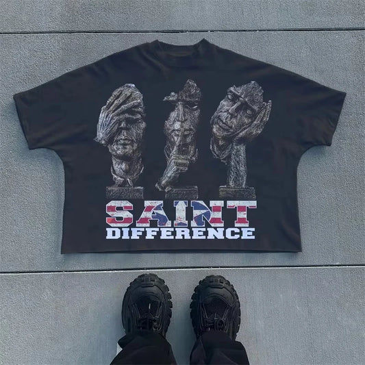 2025 New Oversize Saint T-Shirt Men Streetwear Black Graphic Tee Loose Fit Cotton Short Sleeve Unisex Top