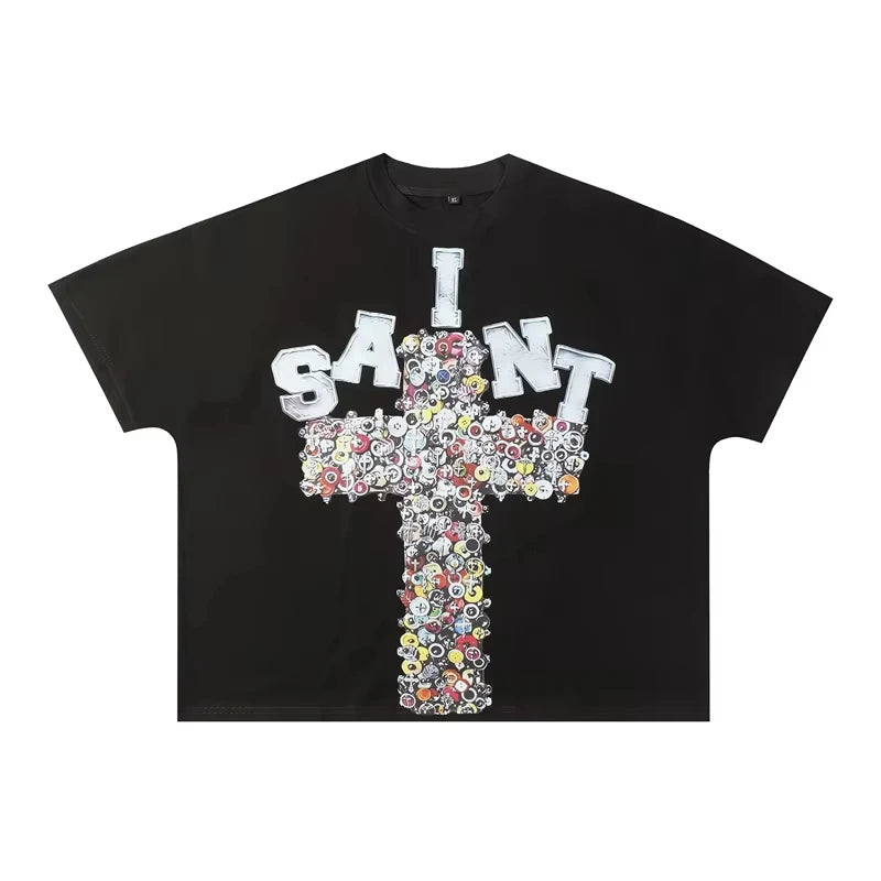 2025 New Oversize Saint T-Shirt Men Streetwear Black Graphic Tee Loose Fit Cotton Short Sleeve Unisex Top