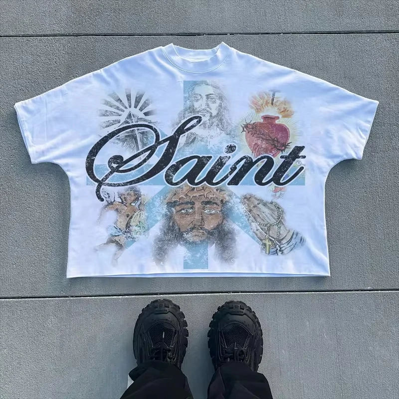 2025 New Oversize Saint T-Shirt Men Streetwear Black Graphic Tee Loose Fit Cotton Short Sleeve Unisex Top