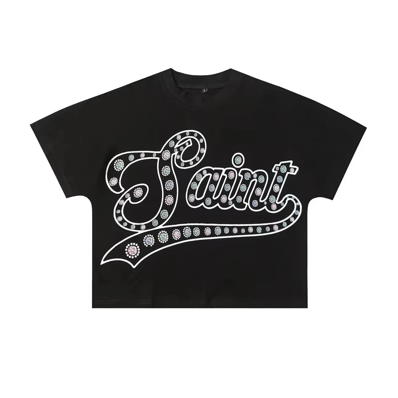 2025 New Oversize Saint T-Shirt Men Streetwear Black Graphic Tee Loose Fit Cotton Short Sleeve Unisex Top